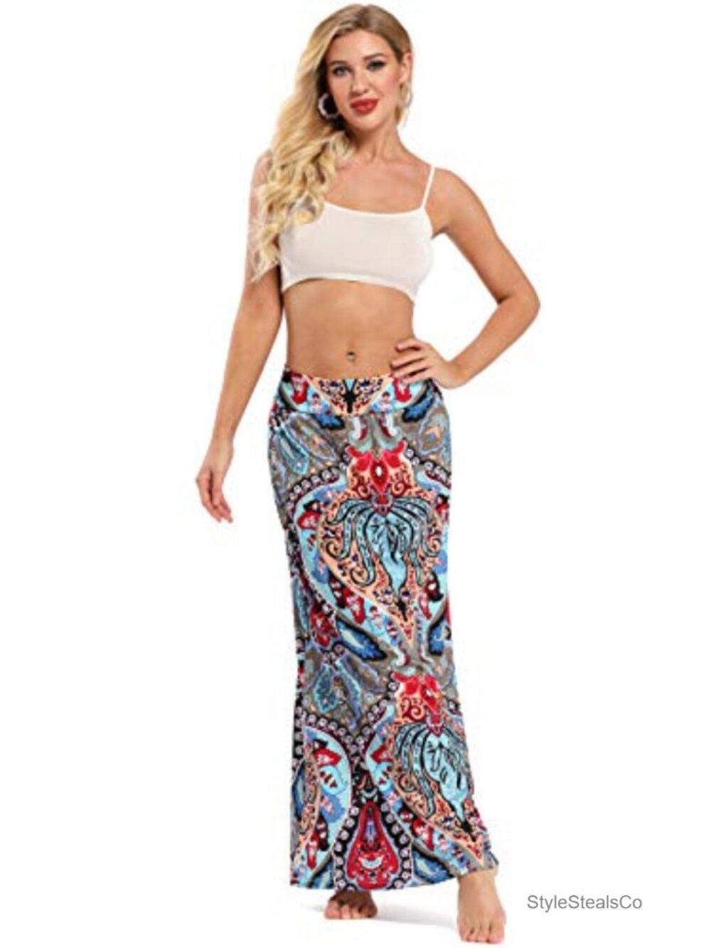 Bohemian Floral Print Maxi Skirt - Elastic Waist Maxi - Picture 4 of 6